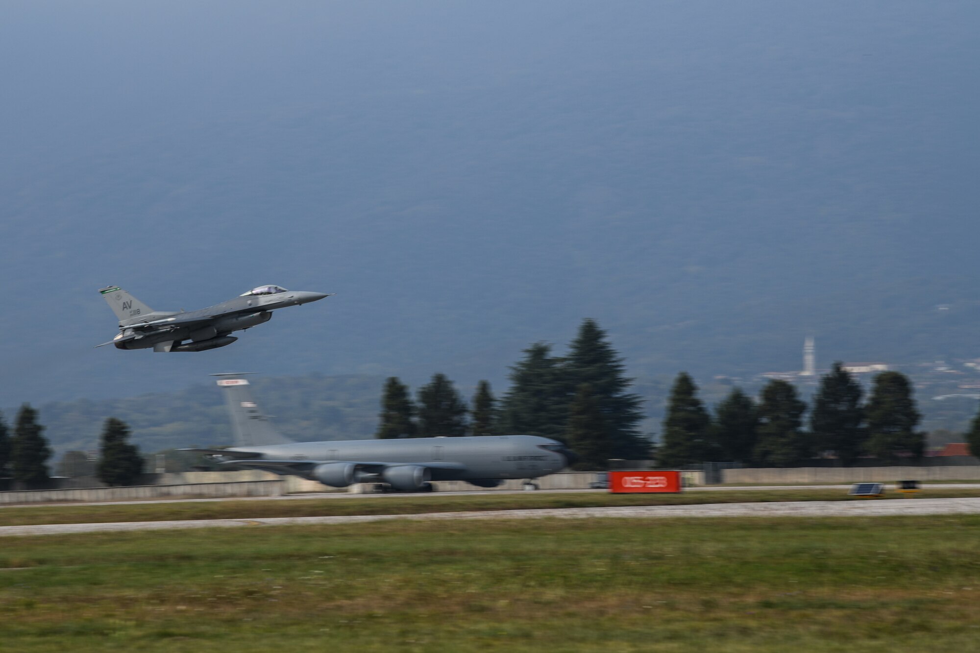 A U.S Air Force F-16 Fighting Falcon from the 555th Fighter Squadron gains altitude at Aviano Air Base, Italy, Oct. 24, 2019. The 555th Fighter Squadron provides combat airpower on demand to U.S. and NATO Combatant Commanders as well as the National Command Authority in order to meet National Security objectives. (U.S. Air Force photo by Airman 1st Class Ericka A. Woolever).