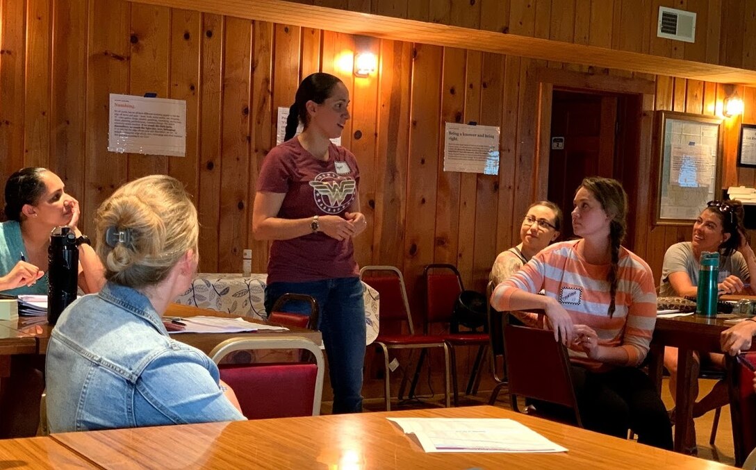 Several Air Force women officers discuss leadership topics of interest during the inaugural AF Women Officers' Forum Leadership Retreat in West Virginia, conducted by members of the Air Force Office of Special Investigations Sept. 12-15, 2019. (AFOSI photo)