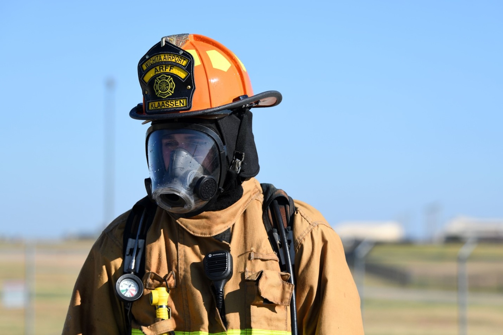 Kourt Klaassen, Wichita Airport Police and Fire Department B-shift Captain, stands in thought after his team completes recertification training Oct. 21, 2019, at McConnell Air Force Base, Kan. This was the first time in three years that the department has trained at McConnell. (U.S. Air Force photo by Airman 1st Class Nilsa E. Garcia)