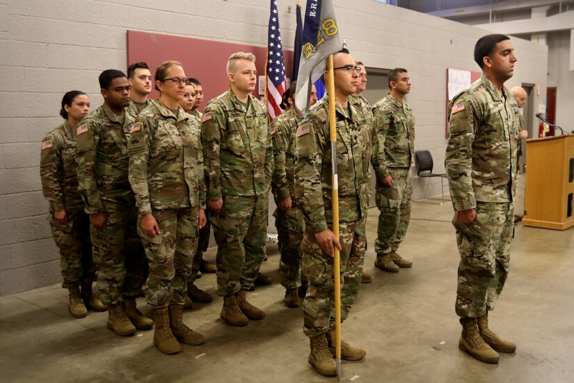 Approximately 20 Soldiers from the Pennsylvania Army National Guard’s 828th Finance Management Support Detachment, 28th Finance Management Support Unit, 728th Combat Support Sustainment Battalion, 213th Regional Support Group take part in a deployment ceremony