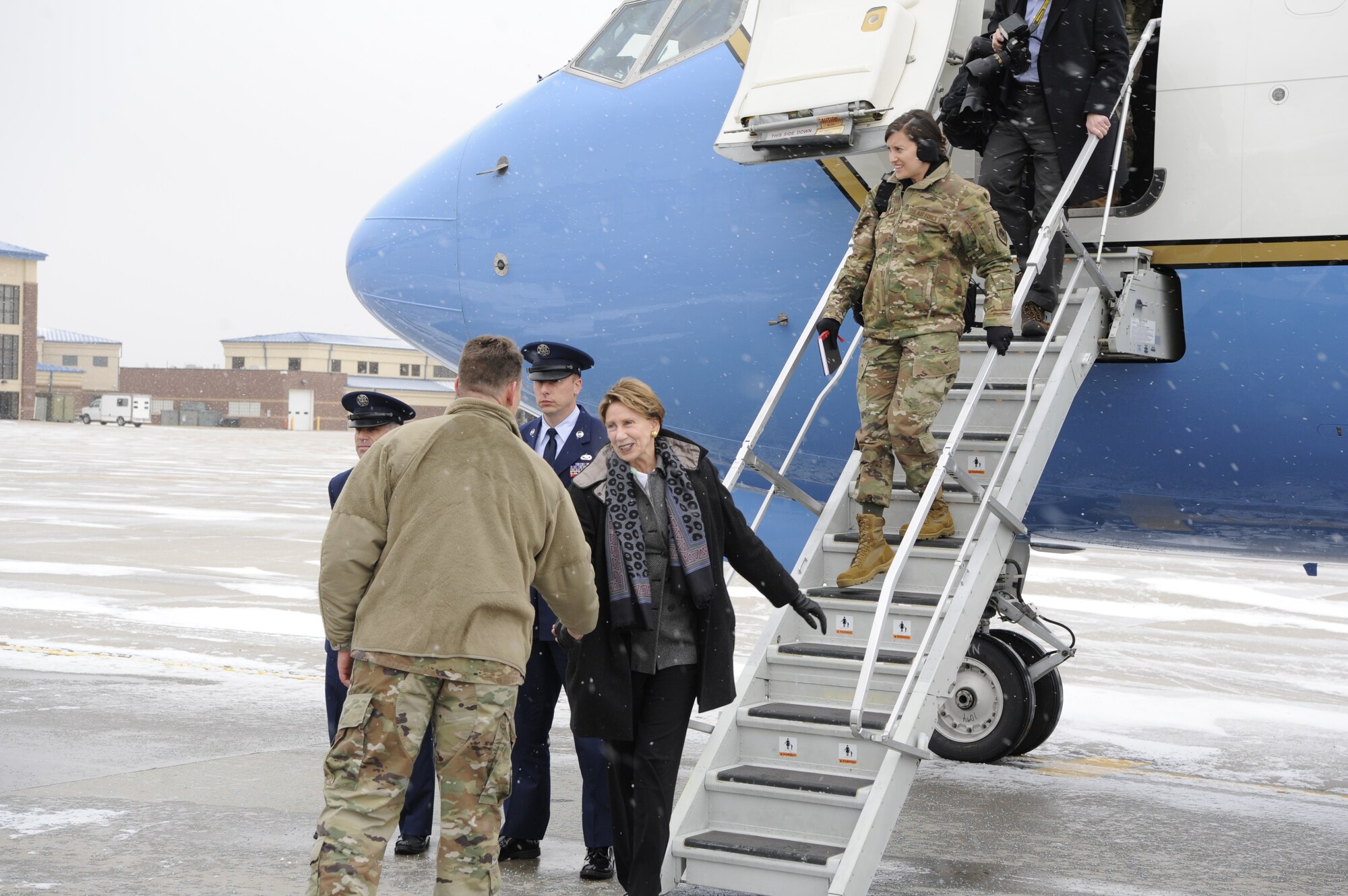 U.S. Air Force Col. Peter Bonetti, 90th Missile Wing Commander, welcomes Secretary of the Air Force Barbara Barrett at the 153d Airlift Wing, Wyoming Air National Guard Base, Cheyenne, Wyo., Oct. 27, 2019. This visit marks Barrett's first official visit since becoming the SECAF.