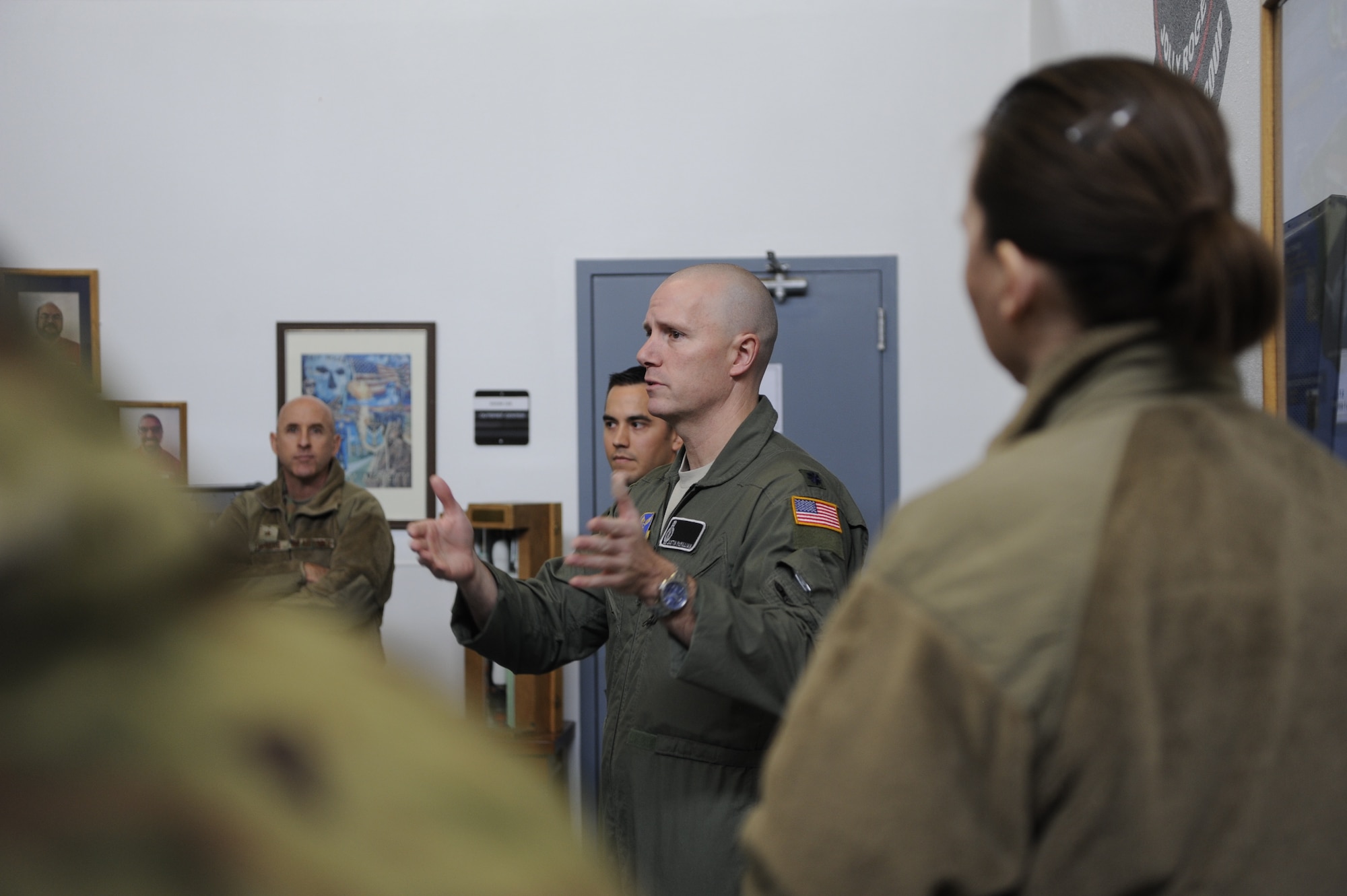 U.S. Air Force Lt Col. Justin McMillan, 90th Operations Group Deputy Commander, briefs a group during the Secretary of the Air Force visit to F.E. Warren Air Force Base, Wyoming, Oct. 27, 2019. This visit marks Secretary Barbara Barrett's first official visit since becoming the SECAF.