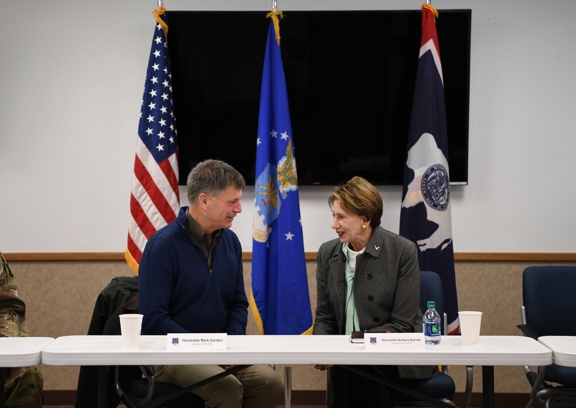 Secretary of the Air Force Barbara Barrett speaks to Wyoming Governor Mark Gordon at a meet-and-greet during her first stop on tour Oct. 27, 2019, at the Wyoming Air National Guard in Cheyenne, Wyo. Barrett shared her thanks to the Wyoming Governor, in appreciation towards the leadership and support shown to the military.