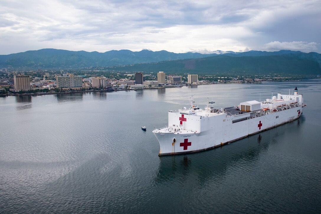 USNS Comfort anchored off the coast of Kingston, Jamaica.