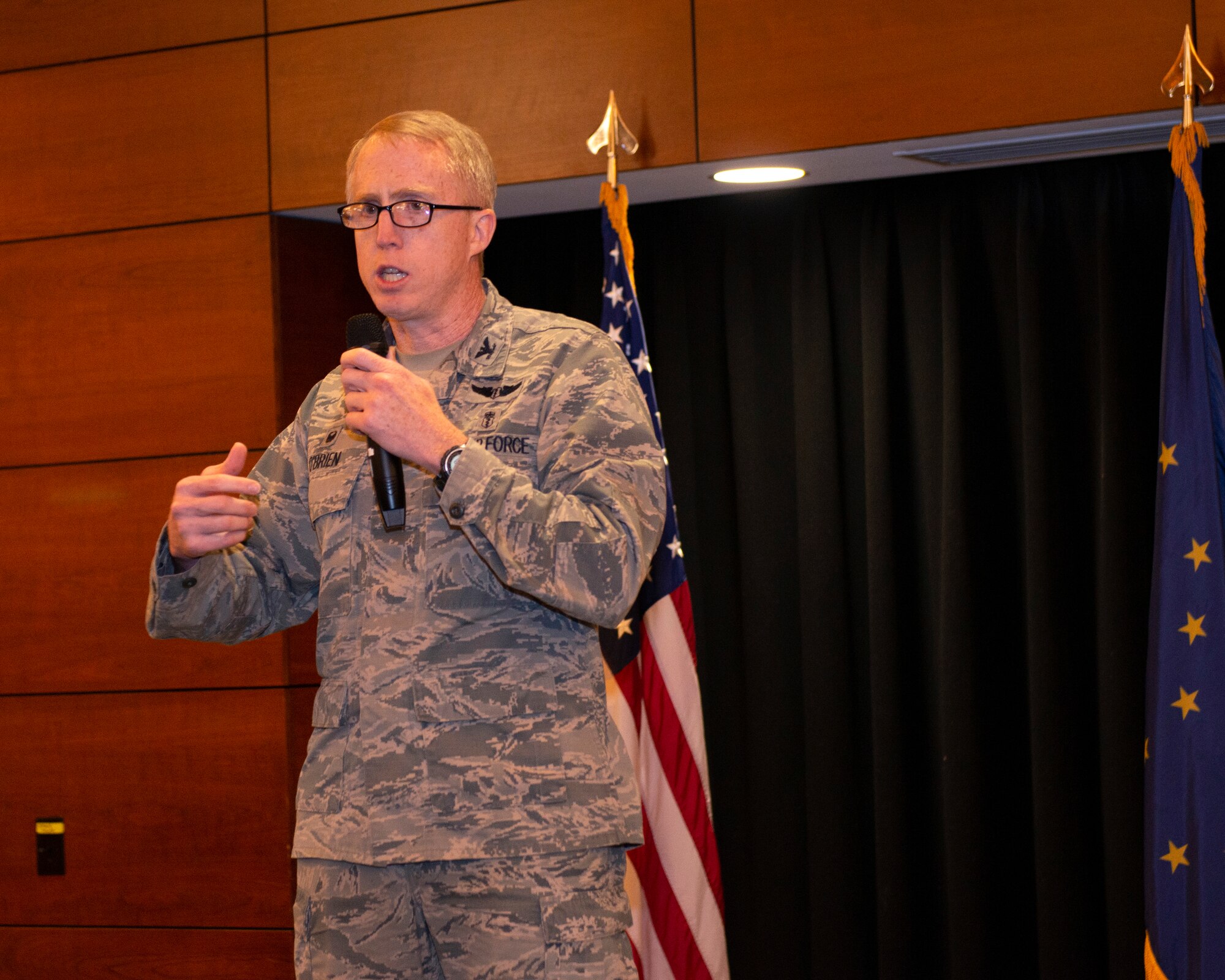 U.S. Air Force Col. Sean O’Brien, 673d Surgical Operations Squadron commander, gives opening remarks during a 673d Medical Group Provider Open House at Joint Base Elmendorf-Richardson, Alaska, Oct. 24, 2019. The event was held to strengthen partnerships between medical providers on and off of the installation.