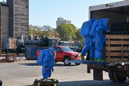 Members of Pa. National Guard’s 3rd Weapons of Mass Destruction Civil Support Team work to identify possible contaminates in a suspicious box truck during their evaluation exercise Oct. 25 at Steam Town National Historic Park, Scranton, Pennsylvania.