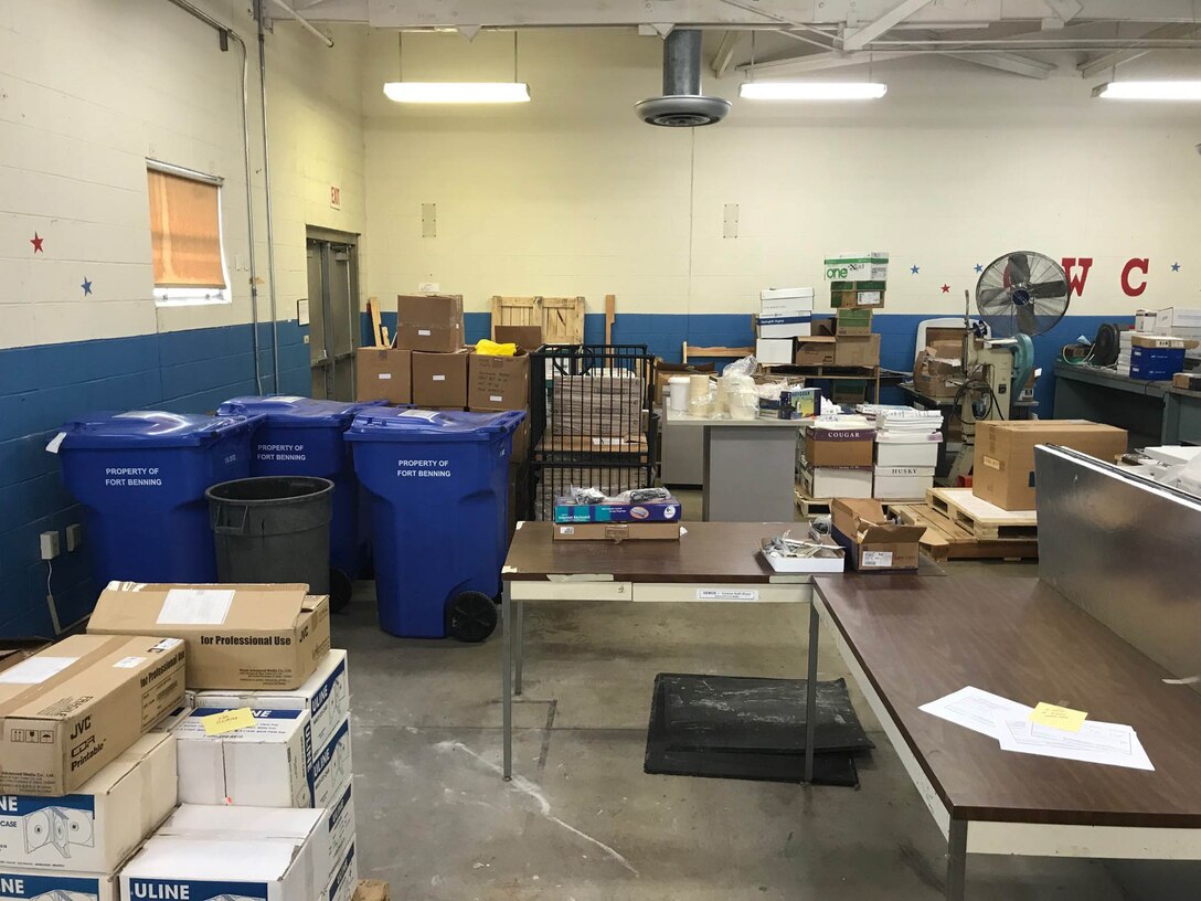 Materials in the DLA Document Services facility awaits processing before demolition of the facility begins.