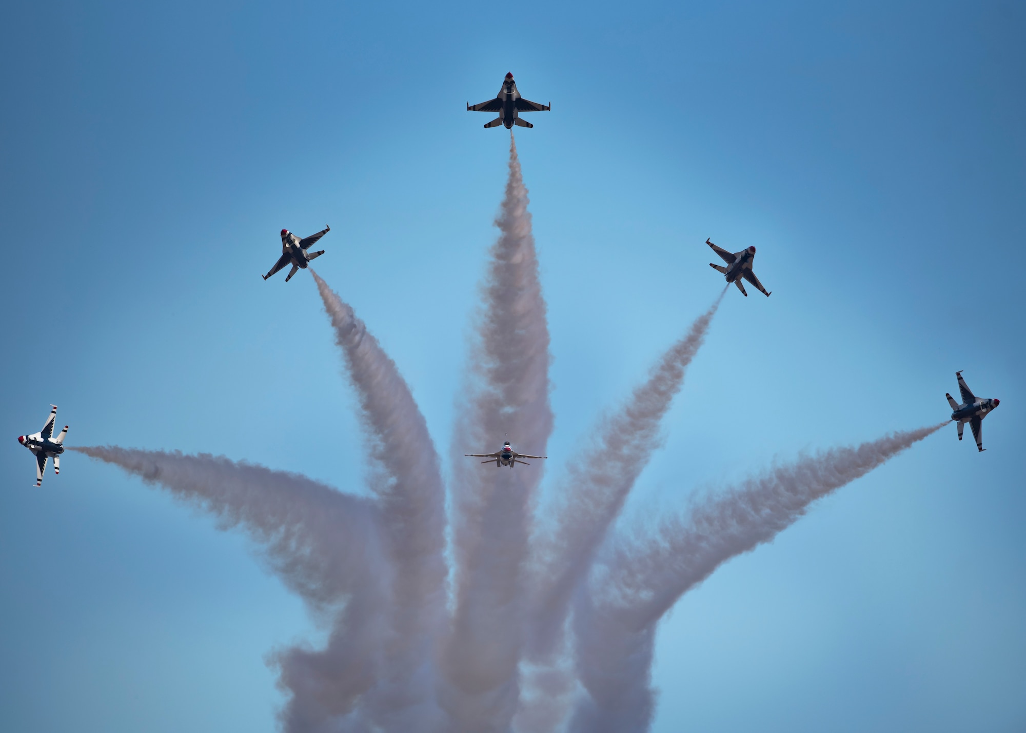 The U.S. Air Force Thunderbirds perform at the Sheppard Air Force Base Guardians of Freedom Air Show at Sheppard Air Force Base, Texas, Oct. 26, 2019. Millions of people have witnessed the Thunderbirds demonstrations, and in turn, they've seen the pride, professionalism and dedication of hundreds of thousands of Airmen serving at home and abroad. (U.S. Air Force photo by Airman 1st Class Pedro Tenorio)