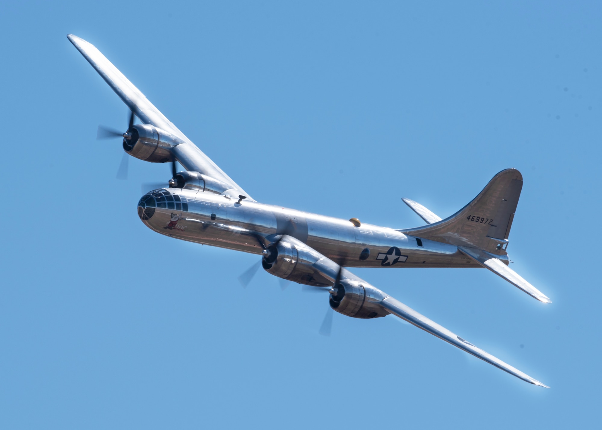 Doc's B-29 Superfortress performs at the Sheppard Air Force Base Guardians of Freedom Open House and Air Show at Sheppard AFB, Texas, Oct. 26, 2019. Doc is one of the 1,644 B-29s manufactured in Wichita during World War II. Over the past 15-plus years, hundreds of volunteers have worked on Doc and the restoration project. (U.S. Air Force photo by Airman 1st Class Pedro Tenorio)