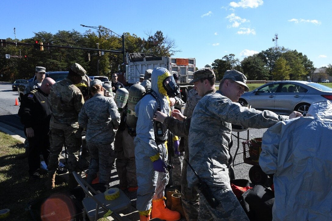 The Joint Base Andrews, Md., Bio-Hazard Response team prepares to respond to the JBA biological exercise Oct. 23, 2019 that Air Force Office of Special Investigations personnel were key participants in from exercise inception to completion. (AFOSI photo)