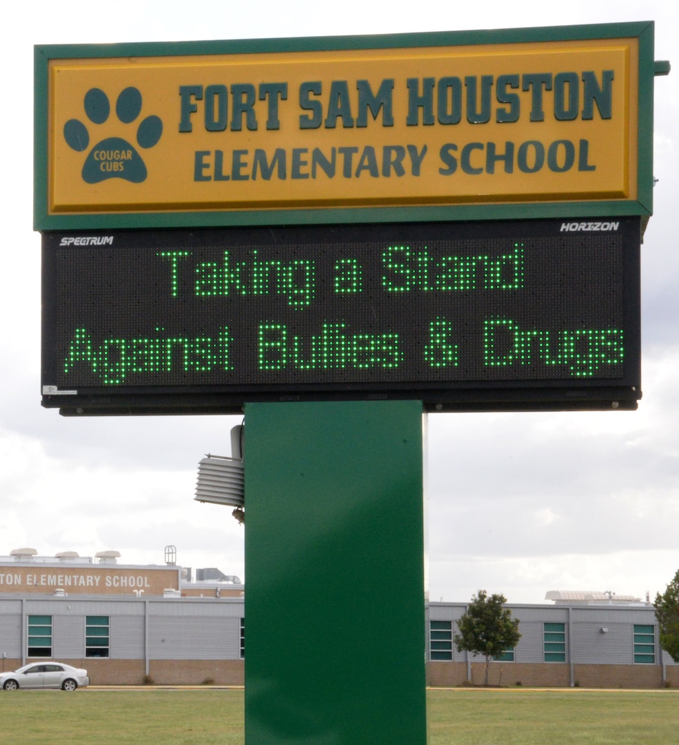 The Fort Sam Houston Elementary School marquee announces “Celebrate Red Ribbon Week, Taking a Stand Against Bullies & Drugs.”  Red Ribbon Week is a nationwide drug and bully awareness campaign from Oct. 23-31.