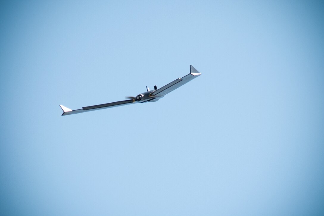 The senseFly eBee X fixed-wing unmanned aircraft system takes to the air just outside the U.S. Army Engineering and Support Center, Huntsville, Alabama, during a preliminary survey flight Oct. 1, 2019.