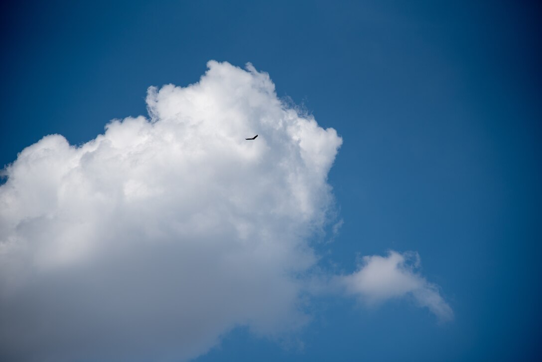 The senseFly eBee X fixed-wing unmanned aircraft system takes to the air just outside the U.S. Army Engineering and Support Center, Huntsville, Alabama, during a preliminary survey flight Oct. 1, 2019.