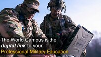 Hero image of Soldiers in the field looking at a rugged laptop with the text The World Campus is your digital link to your Professional Military Education