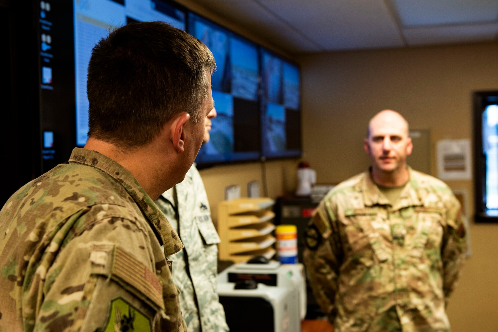 Col. Dan Walls, left, 23d Wing commander, talks with Master Sgt. Shawn Osner, 23d Maintenance Squadron (MXS) NCO in charge of munitions control, during an immersion tour Oct. 28, 2019, at Moody Air Force Base, Ga. Walls toured the 23d MXS munitions flight facilities, where the Airmen showcased their squadron and mission. This gave Walls the opportunity to see how 23d MXS improves deployability and ensures mission readiness. (U.S. Air Force photo by Senior Airman Erick Requadt)