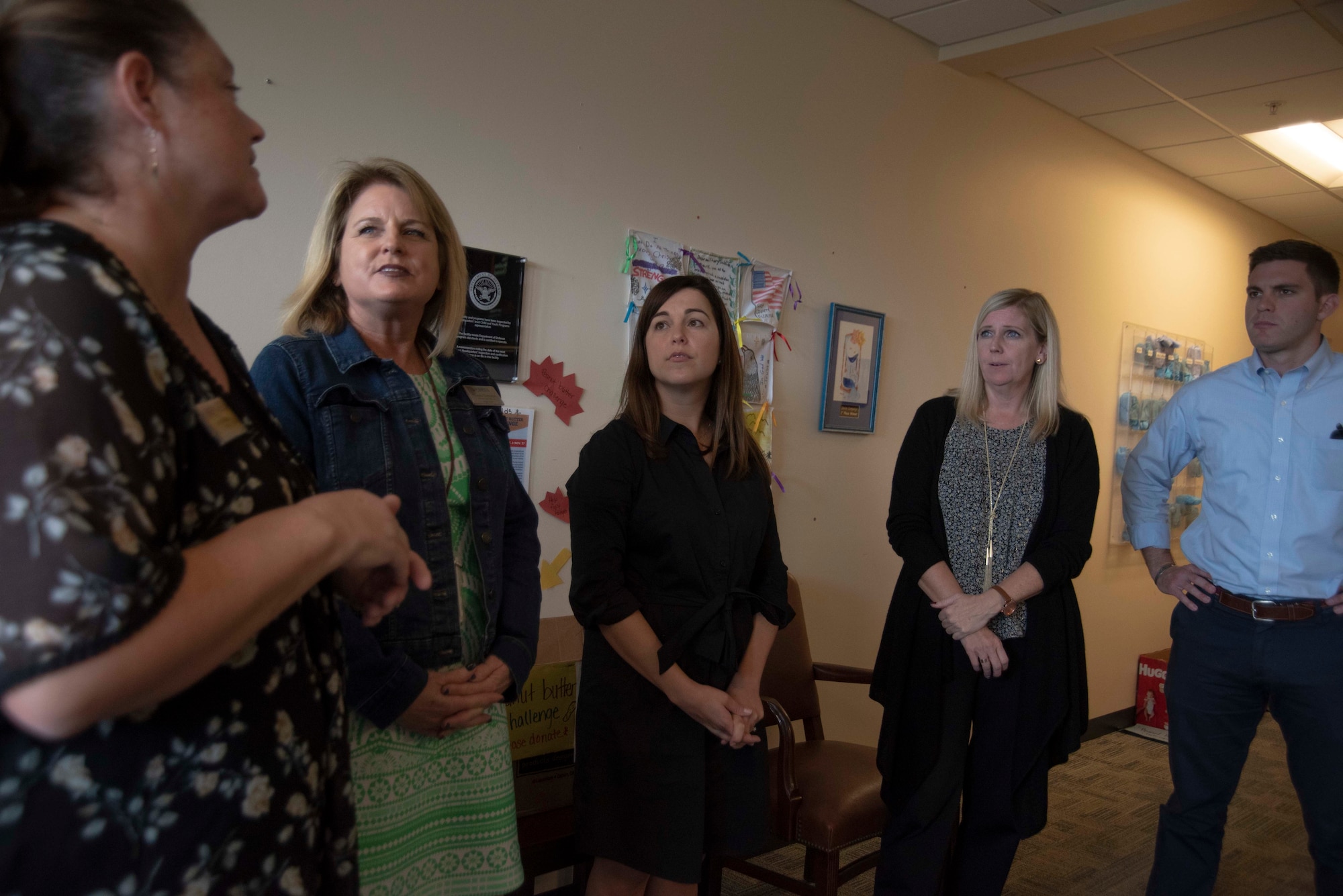 Cynthia DeDeo, 325th Force Support Squadron Child and Youth Services director, left, and Tamara Turnmeyer, 325th FSS Child and Youth Services flight chief, right, give a tour to several members of the Senate Appropriations Committee of the base's Child Development Center Oct. 28, 2019, at Tyndall Air Force Base, Florida. The CDC is currently being co-operated out of the fitness center until a new CDC can be rebuilt in the coming years. The installation's previous CDC was destroyed by Hurricane Michael in 2018. (U.S. Air Force photo by Staff Sgt. Magen M. Reeves)