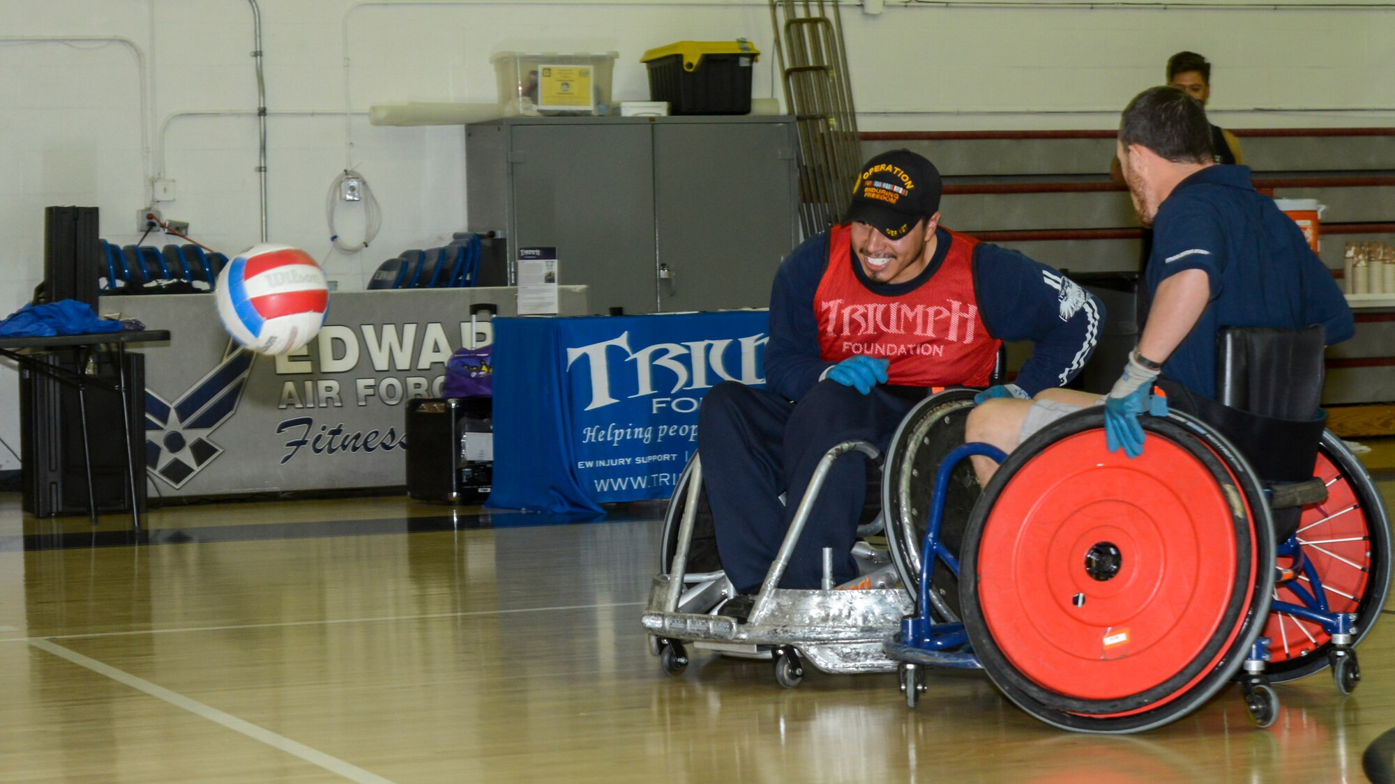 Jose Reynoso, Paralyzed Veterans of America, California Chapter Vice President, goes after a lose ball during a wheelchair rugby demonstration at Edwards Air Force Base, Oct. 24. (U.S. Air Force photo by Giancarlo Casem)