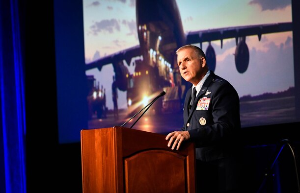 Maj. Gen. John Flournoy Jr., Air Force Reserve Command deputy commander, gives the keynote address at the Airlift/Tanker Association’s annual conference in Orlando, Florida, Oct. 25. He spoke about the Air Force Reserve’s contribution in military operations throughout history from the Korean War to present day global operations. (U.S. Air Force photo by Staff Sgt. Michael Cossaboom)