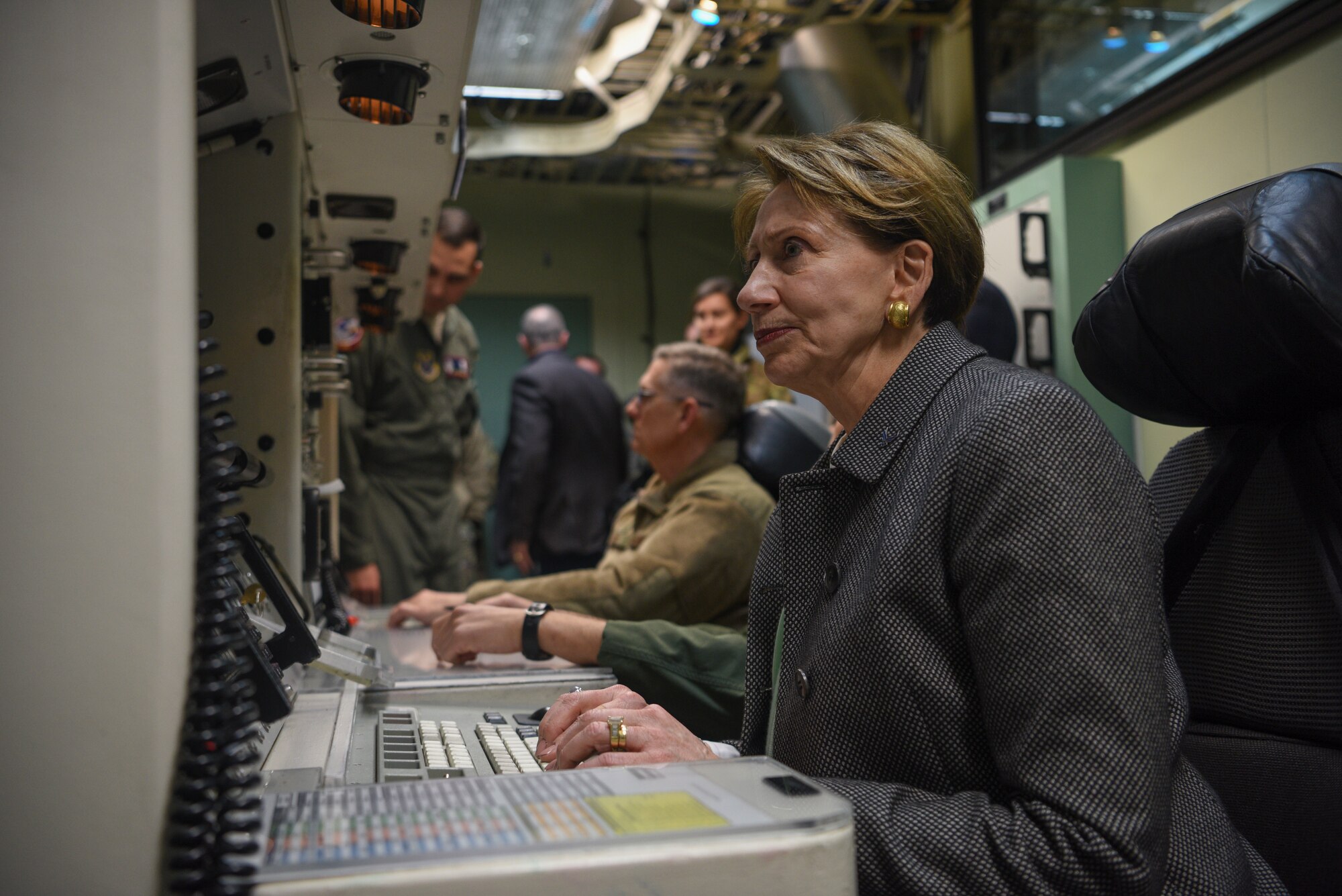 Secretary of the Air Force Barbara Barrett and Gen. Timothy Ray, Air Force Global Strike commander, sit at a mock launch control center, at F.E. Warren Air Force Base, Wyo., on Oct. 27, 2019. Barrett was briefed on the extent on F.E. Warren’s many missions including its extensive missile mission.