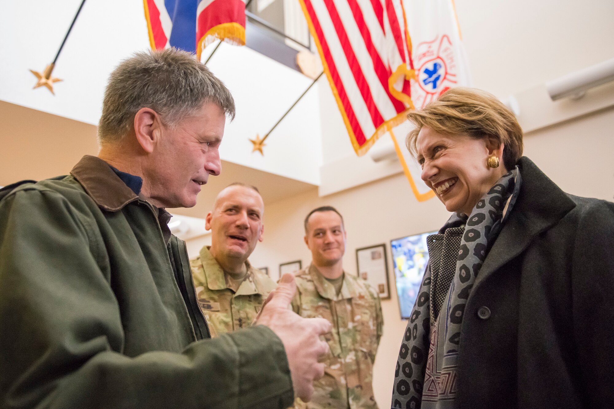 Wyoming Governor Mark Gordon welcomes Secretary of the Air Force Barbara Barrett at the 153d Airlift Wing, Wyoming Air National Guard Base, Cheyenne, Wyo., Oct. 27, 2019. This visit marks Barrett's first official visit since becoming the SECAF.
