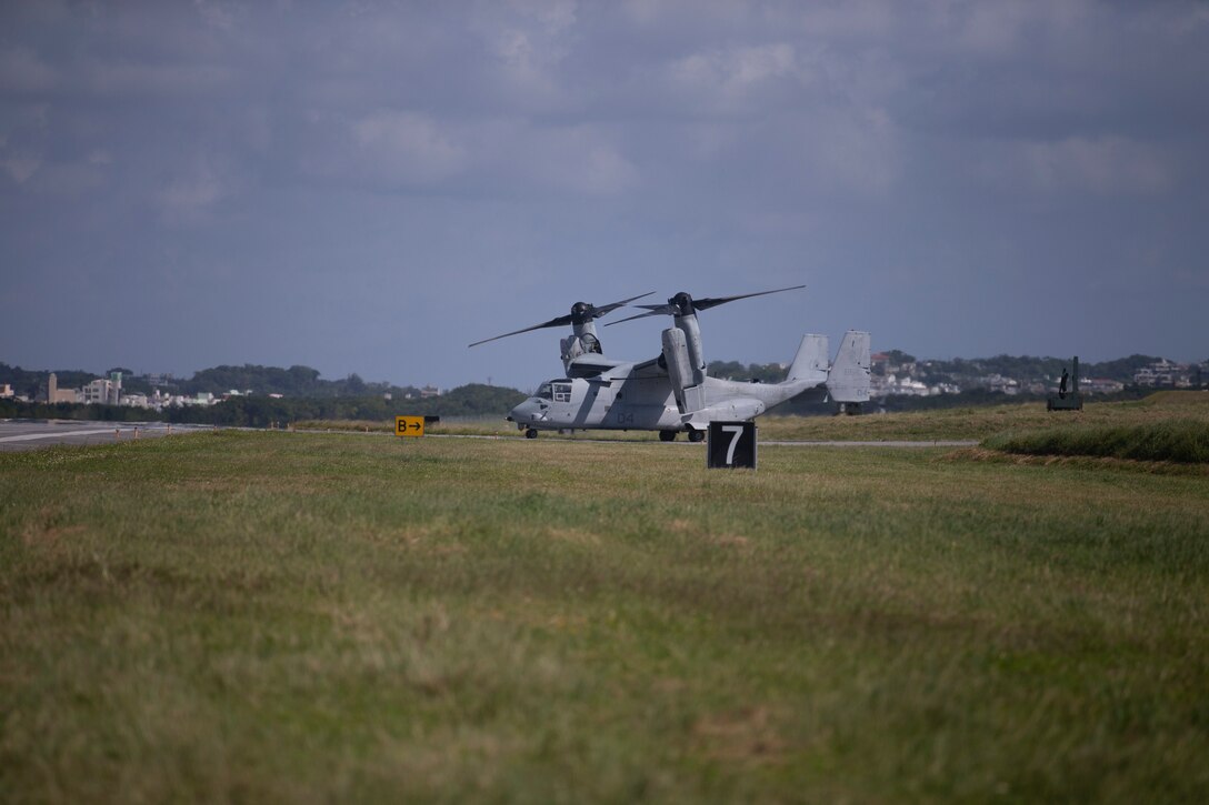 Six MV-22 Osprey from Marine Medium Tiltrotor Squadron 265 prepare for departure. Marine Aircraft Group 36 conduct a rapid deployment exercise on Oct. 23, 2019 in Okinawa, Japan and the Indo-Pacific region. This type of realistic training is used to highlight an active posture of a ready force and is essential to maintaining the readiness needed to uphold our commitments to our allies and surrounding nations. (U.S. Marine Corps photo by Lance Cpl. Madeline Jones)