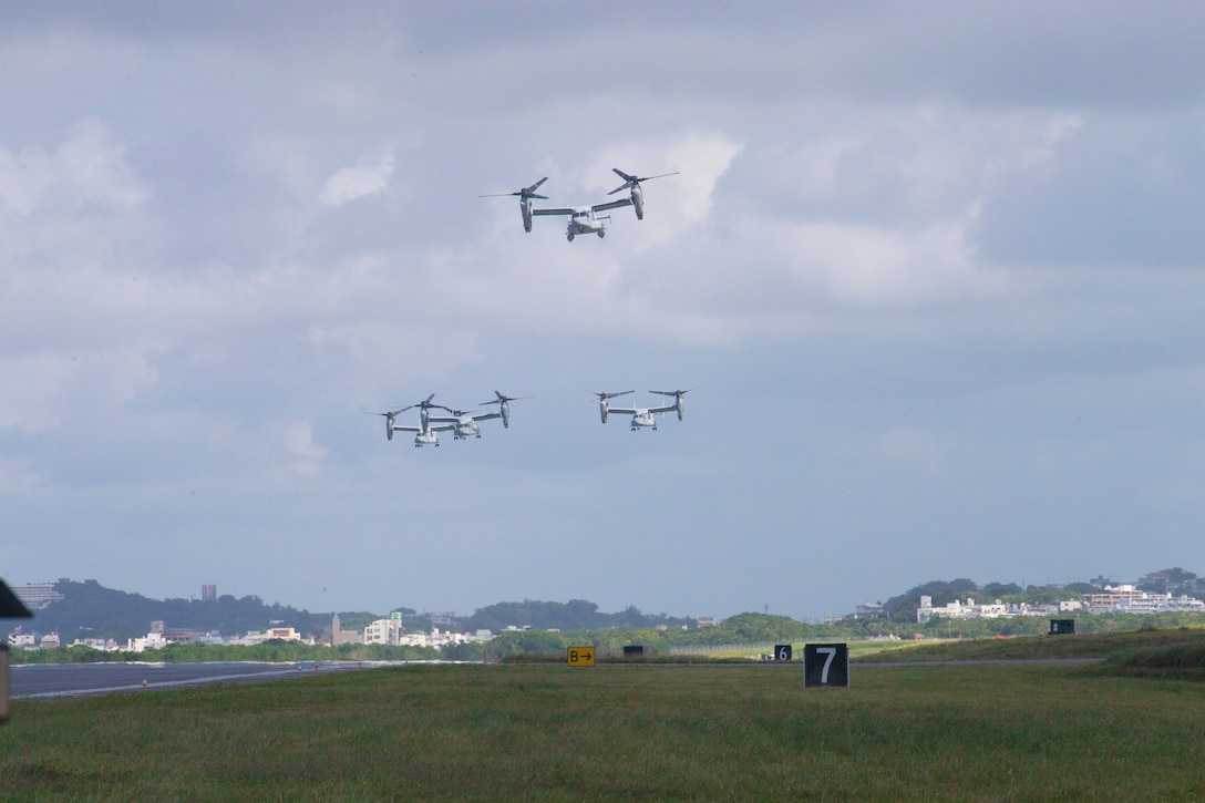 Four MV-22 Osprey's from Marine Medium Tiltrotor Squadron 262 depart from MCAS Futenma. Marine Aircraft Group 36 conduct a rapid deployment exercise on Oct. 23, 2019 in Okinawa, Japan and the Indo-Pacific region. This type of realistic training is used to highlight an active posture of a ready force and is essential to maintaining the readiness needed to uphold our commitments to our allies and surrounding nations. (U.S. Marine Corps photo by Lance Cpl. Madeline Jones)