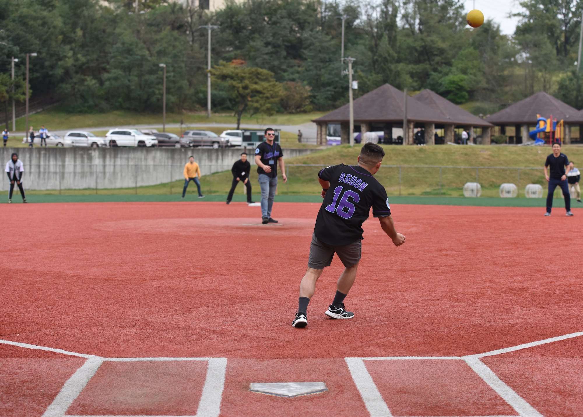 Members of the U.S. and Republic of Korea Air Forces legal teams play a game of kickball during a Friendship Day at Osan Air Base, ROK, October 23, 2019. The purpose of the day was to give both counterparts the opportunity to spend time together and strengthen the ties between the two nations. (U.S. Air Force photo by Senior Airman Denise M. Jenson)
