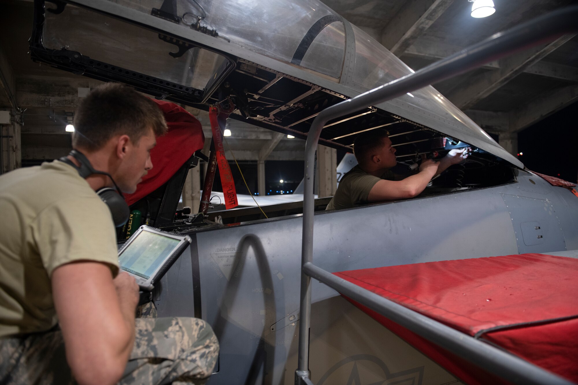 During the routine inspection, the technicians check every component of the egress system for wear or damage, and any expired time-changeable parts are swapped out.