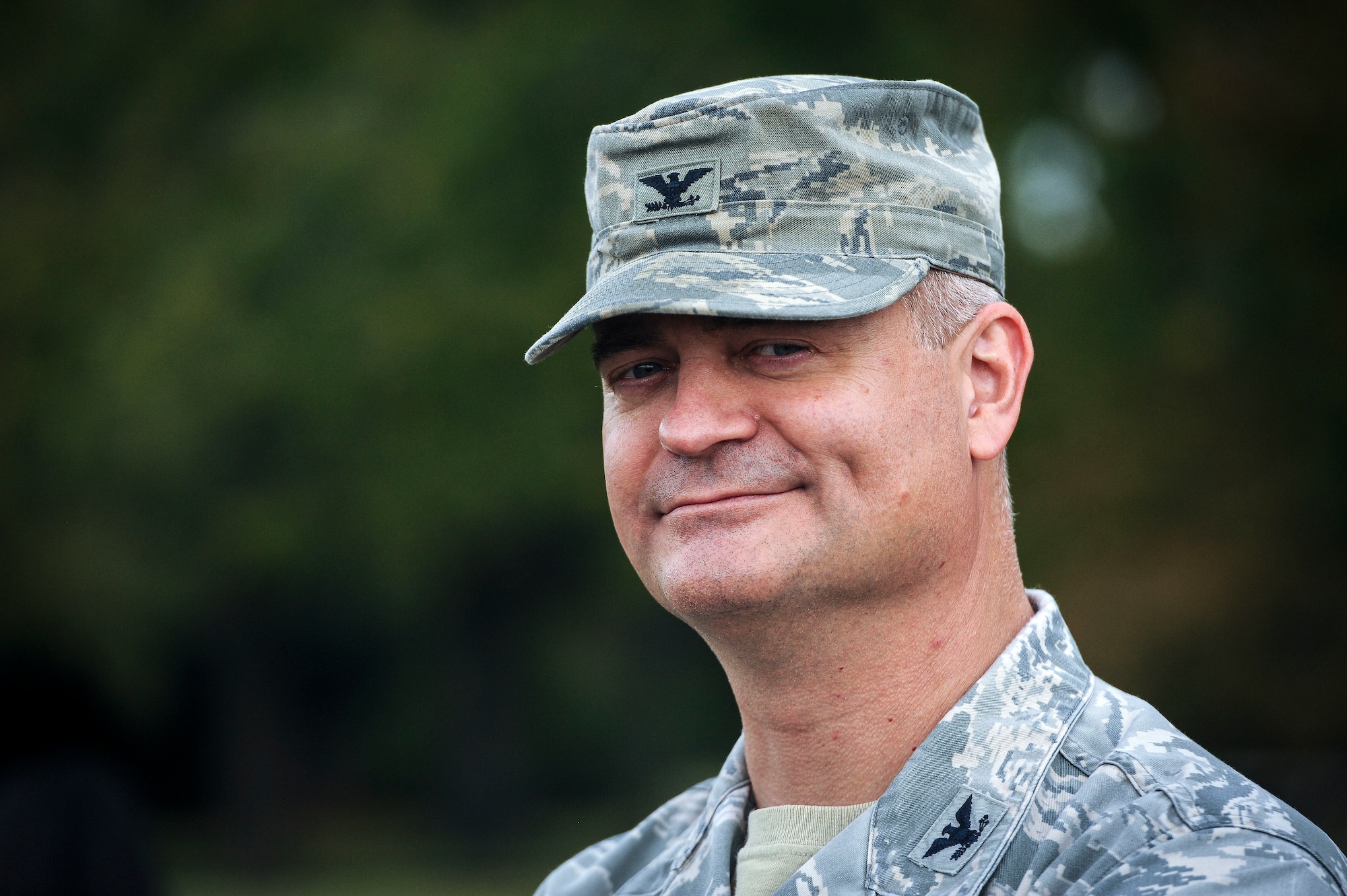Col. Steven Cabosky, Air Combat Command weather requirements division chief, smiles after a resiliency walk on Joint Base Langley-Eustis, Virginia, Oct. 25, 2019. As part of an effort to boost morale, the resiliency walk also gave senior leaders an opportunity to build camaraderie with their Airmen. (U.S. Air Force photo by Tech. Sgt. Nick Wilson)