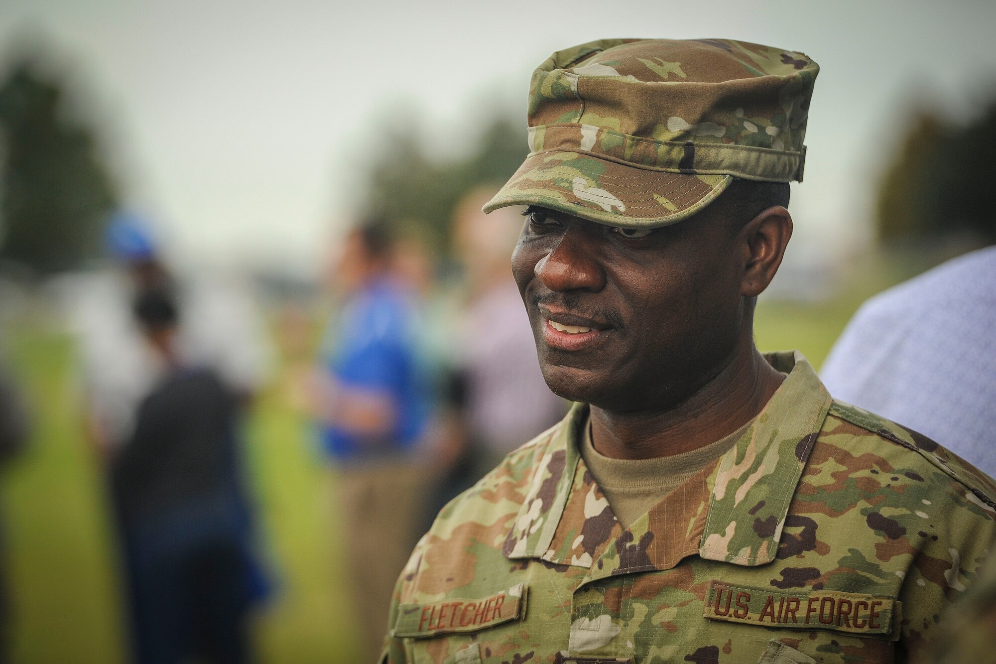 CMSgt Marion Fletcher, Air Combat Command superintendent of A3, Directorate of Air and Space Operations, converses with a colleague after a resiliency walk on Joint Base Langley-Eustis, Virginia, Oct. 25, 2019. The resiliency walk was organized as part of the commander of ACC’s initiative to provide staff members with an opportunity to move, nourish refresh and connect during the duty day. (U.S. Air Force photo by Tech. Sgt. Nick Wilson)