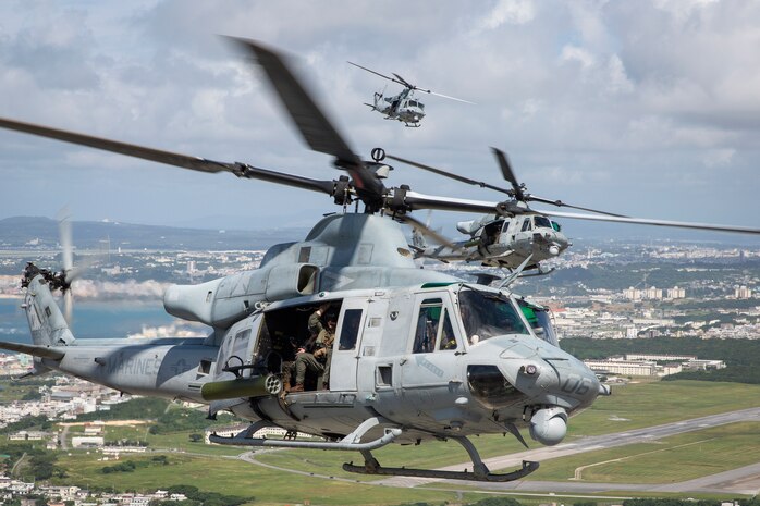 U.S. Marine Corps UH-1Y Huey helicopters with Marine Light Attack Helicopter Squadron 169 currently attached to 1st Marine Aircraft Wing, III Marine Expeditionary Force, fly in a formation during a rapid deployment exercise conducted by 1st MAW, Oct. 24 in Okinawa, Japan. Marines with the 1st MAW conduct rapid deployment training to increase the confidence of III MEF’s ability to rapidly deploy and maintain a secure Indo-Pacific region while showcasing the lethality and operational flexibility of 1st MAW. As the only forward-deployed MEF, III MEF is strategically postured to quickly and effectively respond to any crisis within the Indo-Pacific region.