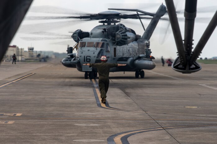 A CH-53E Super Stallion helicopter taxies from the runway during a rapid deployment exercise conducted by 1st Marine Aircraft Wing, III Marine Expeditionary Force, Okinawa, Japan, Oct. 25, 2019. As the only forward deployed MEF, III MEF is strategically postured to quickly and effectively respond to any crisis using austere, expeditionary bases and established airfields within the Indo-Pacific region.