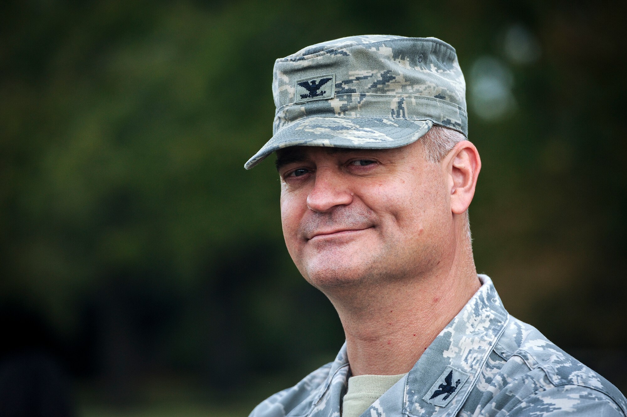 Col. Steven Cabosky, Air Combat Command weather requirements division chief, smiles after a resiliency walk on Joint Base Langley-Eustis, Virginia, Oct. 25, 2019. As part of an effort to boost morale, the resiliency walk also gave senior leaders an opportunity to build camaraderie with their Airmen. (U.S. Air Force photo by Tech. Sgt. Nick Wilson)