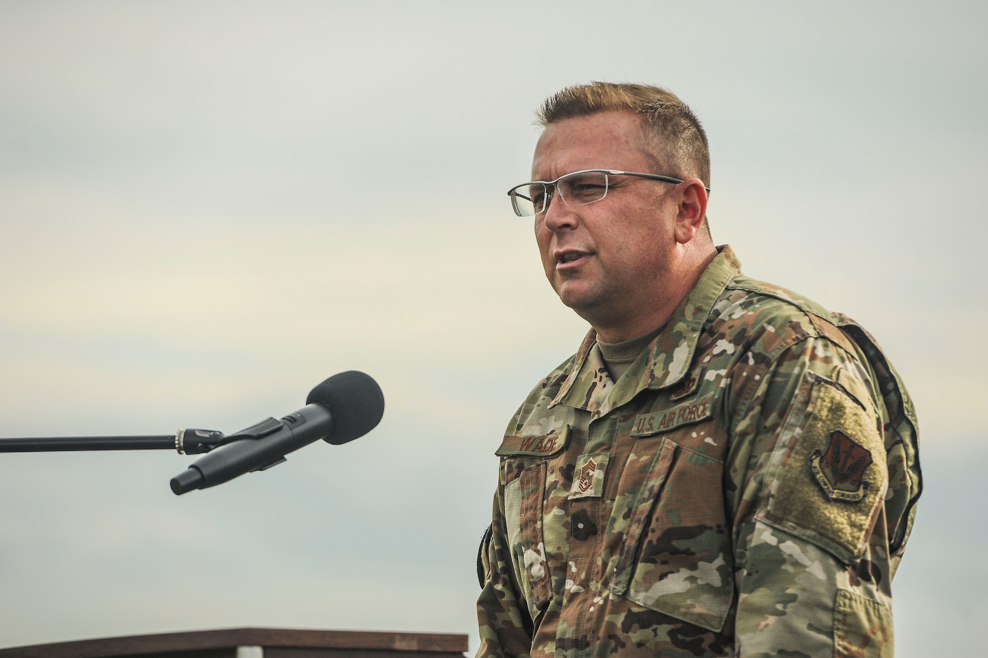 Chief Master Sgt. David Wade, command chief of Air Combat Command, shares his thoughts during an ACC quarterly award ceremony at Memorial Park on Joint Base Langley-Eustis, Virginia, Oct. 25, 2019. Prior to the ceremony, the commander of ACC also directed his staff members to get out of the office, move and connect as part of an effort to improve morale and sharpen resilience. (U.S. Air Force photo by Tech. Sgt. Nick Wilson)