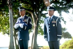Tech. Sgt. Mark Crabbe and Staff Sgt. Darrell Bactad, 204th Airlift Squadron information managers, practice Honor Guard ceremonial movements Oct. 4, 2019, at Joint Base Pearl Harbor-Hickam, Hawaii. The friends have performed military ceremonies side-by-side in the Hawaii Air National Guard Honor Guard team since the early 2000s. Bactad joined the Honor Guard when it was established in 1999 and Crabbe joined two years later.