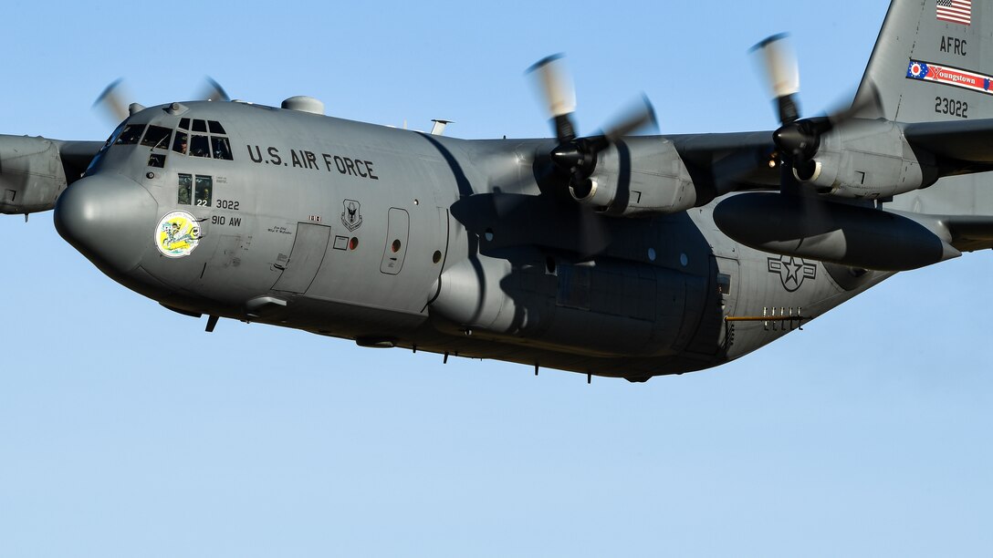 A C-130 Hercules assigned to the Air Force Reserve 757th Airlift Squadron flies over the Utah Test and Training Range Oct. 24, 2019, during an aerial spray operation.