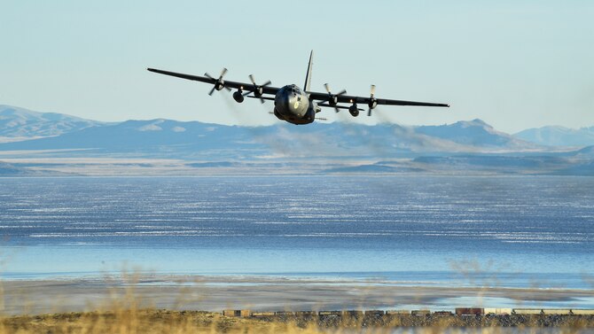 A C-130 Hercules assigned to the Air Force Reserve 757th Airlift Squadron flies over the Utah Test and Training Range Oct. 24, 2019, during an aerial spray operation.