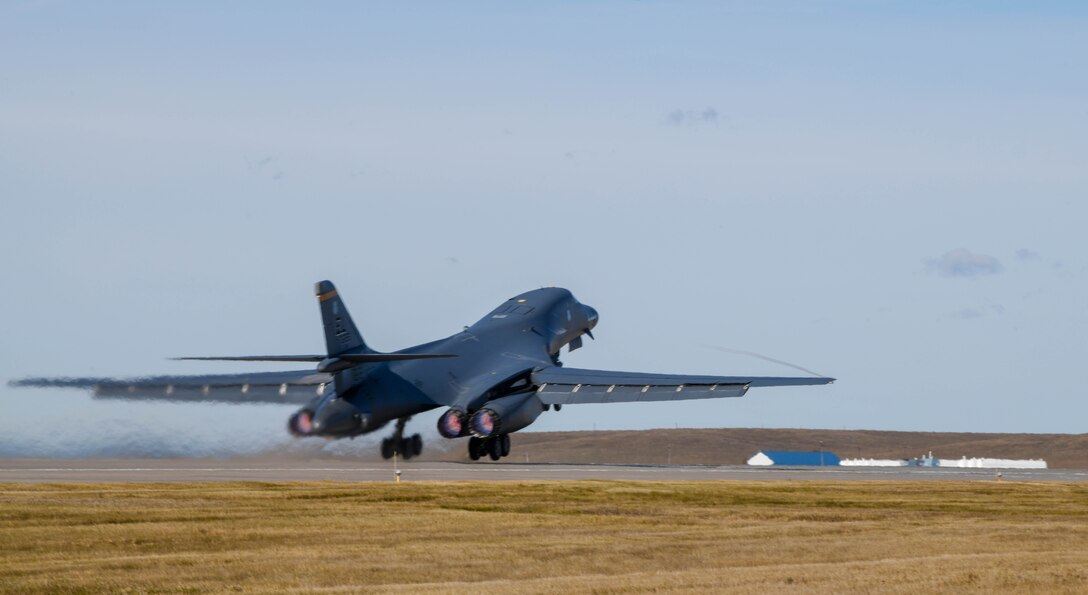 A B-1B Lancer takes off from Ellsworth Air Force Base, S.D., Oct. 24, 2019, in support of United States strategic objectives. The deployment of this aircraft allows the U.S. and regional partner nations’ militaries to train and work together to strengthen military-to-military relationships, promote regional security, improve combined tactical air operations and enhance interoperability of forces. The United States maintains a strong, credible force that enhances the security and stability of allies and partners. (U.S. Air Force photo by Airman 1st Class Christina Bennett)