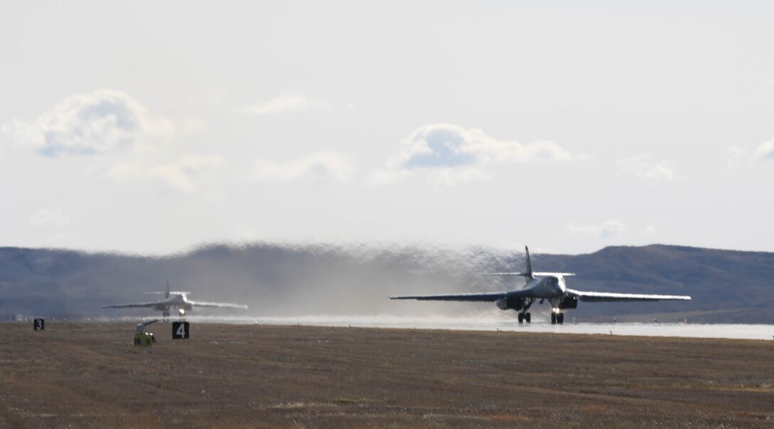 A B-1B Lancer launches from Ellsworth Air Force Base, S.D., Oct. 24, 2019. The B-1 can rapidly deliver massive quantities of precision and non-precision weapons against any adversary. Bomber mission demonstrate the credibility of our forces to address a globe security environment that is more diverse and uncertain than at any other time in our history. (U.S. Air Force photo by Airman 1st Class Christina Bennett)