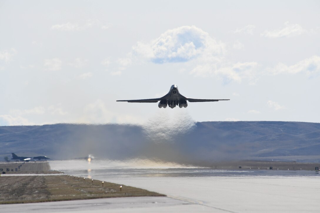 A B-1B Lancer takes off from Ellsworth Air Force Base, S.D., Oct. 24, 2019, to support a Bomber Task Force in the U.S. Central Command area of operations. The unannounced arrival of the B-1 demonstrates the global strike capacity and ability of the U.S. Air Force and Air Force Global Strike Command to rapidly deploy forward and deliver precision-guided ordnance against any adversary. Bomber missions demonstrate the credibility of our forces to address a global security environment that is more diverse and uncertain than at any other time in our history. (U.S. Air Force photo by Staff Sgt. Hailey Staker)