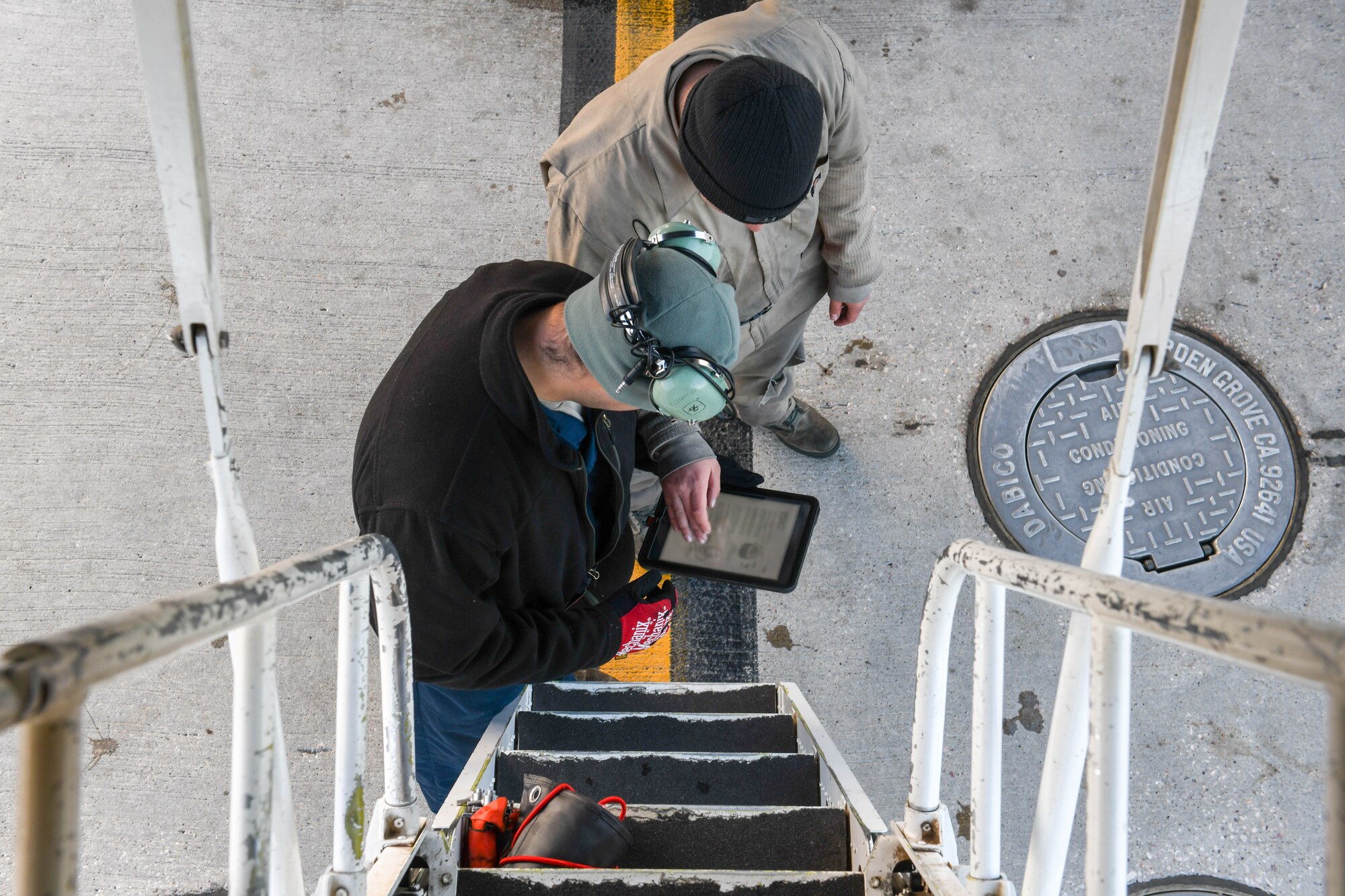 Members of the 28th Maintenance Group review pre-flight checks before giving the B-1B Lancer the thumbs-up to launch from Ellsworth Air Force Base, S.D., Oct. 24, 2019.  The B-1 can rapidly deliver massive quantities of precision and non-precision weapons against any adversary. The Department of Defense maintains command and control of its bomber force for any mission, anywhere in the world, at any time. (U.S. Air Force photo by Senior Airman Nicolas Z. Erwin)