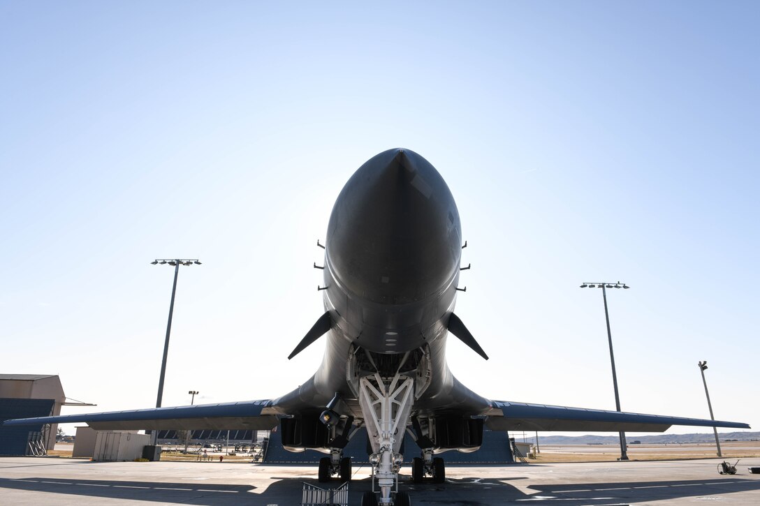 A B-1B Lancer rests on the flight line at Ellsworth Air Force Base, S.D., Oct. 24, 2019. This was one of several B-1s that flew to the U.S. Central Command area of operations to support a Bomber Task Force. The unannounced arrival of the B-1 demonstrates the global strike capacity and ability of the U.S. Air Force and Air Force Global Strike Command to rapidly deploy forward and deliver precision-guided ordnance against any adversary. The Department of Defense maintains command and control of its bomber force for any mission, anywhere in the world, at any time. (U.S. Air Force photo by Senior Airman Nicolas Z. Erwin)