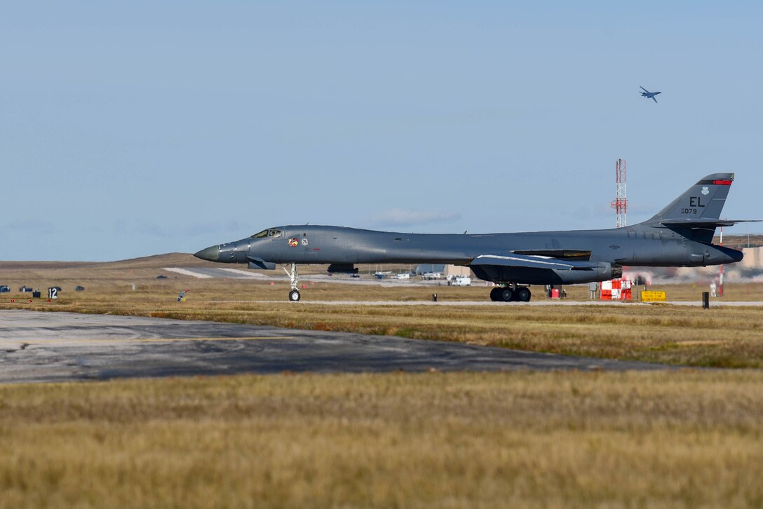 A B-1B Lancer prepares to take off at Ellsworth Air Force Base, S.D., to support a Bomber Task Force in the U.S. Central Command area of operations, Oct. 24, 2019. The deployment of this aircraft allows the United States and regional partner nations’ militaries to train and work together to strengthen military-to-military relationships, promote regional security, improve combined tactical air operations and enhance interoperability of forces. These bomber missions are representative of the United States’ commitment to our allies and enhancing regional security. (U.S. Air Force photo by Airman 1st Class John C.B. Ennis)