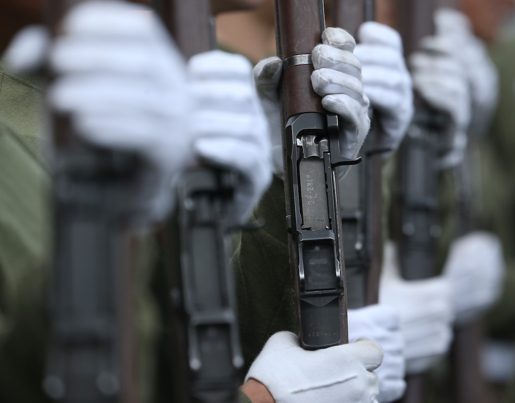 Marines with Alpha Company, Marine Barracks Washington, practice rifle manual at Marine Barracks Washington, D.C., Oct. 29, 2019. The Marines hone their rifle drill during Ceremonial Drill School. (U.S. Marine Corps photo by Sgt. Robert Knapp)