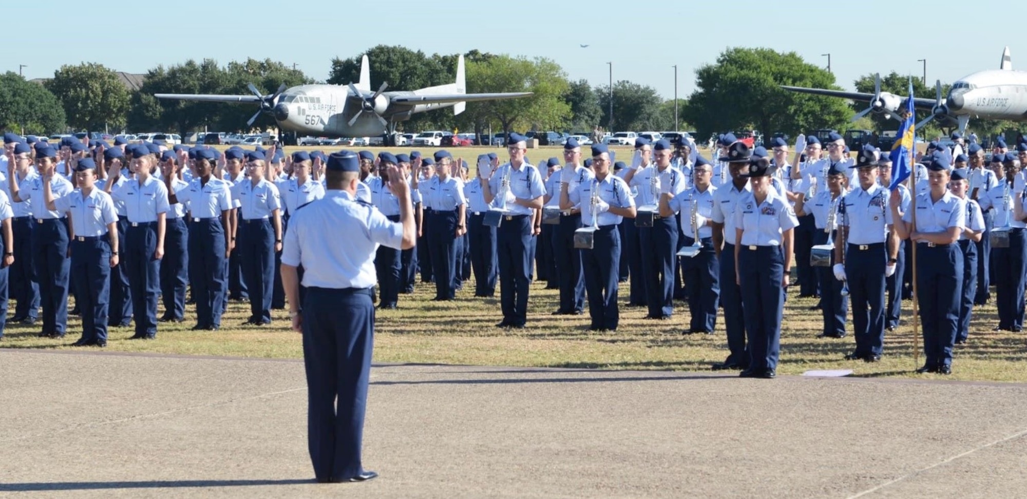 The reviewing official for the Oct. 18 BMT graduation at Joint Base San Antonio-Lackland, Texas, was Brig. Gen. Christopher Yancy, MA to the PACAF/CC, and also father of one of the graduating Airmen. (U.S. Air Force photo)