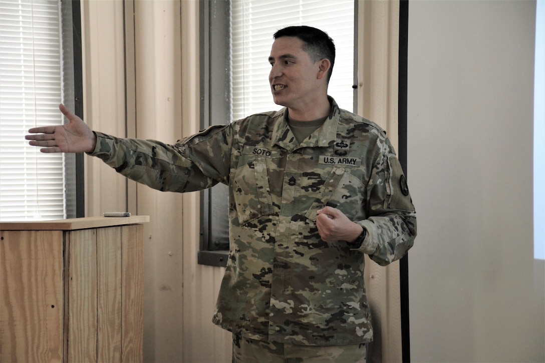 Sgt. 1st Class Jose Soto, 6/104th Battalion human resources instructor, 4th Personnel Services Brigade, 94th Training Division - Force Sustainment, gives a block of instruction on leadership styles during the 94th TD-FS Instructor of the Year Competition Aug. 15-17, 2019, at Joint Base McGuire-Dix-Lakehurst, New Jersey. Soto was the competition's runner-up. He was awarded a plaque and the Army Commendation Medal for his performance. (Photo by Maj. Ebony Gay, 94th TD-FS Public Affairs Office)