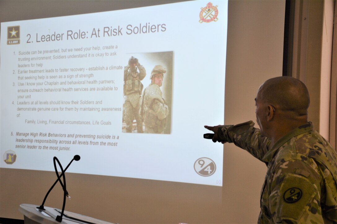 Sgt. 1st Class Raul Nieves, 5/80th Battalion heating, ventilation, and air conditioning instructor, 3rd Ordnance Brigade, 94th Training Division - Force Sustainment, gives his block of instruction on suicide prevention during the 94th Training Division Instructor of the Year Competition Aug. 15-17, 2019, at Joint Base McGuire-Dix-Lakehurst, New Jersey.

As the overall competition winner, Nieves was also presented with a trophy, awarded the Army Commendation Medal, offered a slot to attend the Army Air Assault School, and will automatically advance to compete in the upcoming 80th Training Command IOY Competition Oct. 23-27, 2019. (Photo by Maj. Ebony Gay, 94th TD-FS Public Affairs Office)