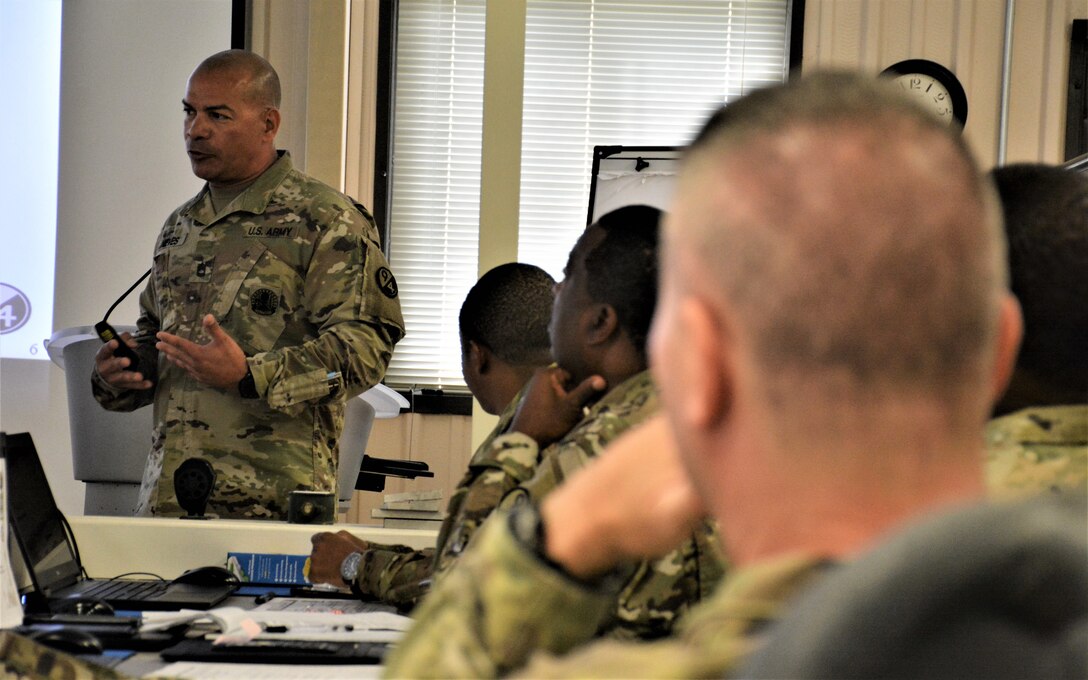 Sgt. 1st Class Raul Nieves (left), 5/80th Battalion heating, ventilation, and air conditioning instructor, 3rd Ordnance Brigade, 94th Training Division - Force Sustainment, gives his block of instruction on suicide prevention during the 94th Training Division Instructor of the Year Competition Aug. 15-17, 2019, at Joint Base McGuire-Dix-Lakehurst, New Jersey.

As the overall competition winner, Nieves was also presented with a trophy, awarded the Army Commendation Medal, offered a slot to attend the Army Air Assault School, and will automatically advance to compete in the upcoming 80th Training Command IOY Competition Oct. 23-27, 2019. (Photo by Maj. Ebony Gay, 94th TD-FS Public Affairs Office)