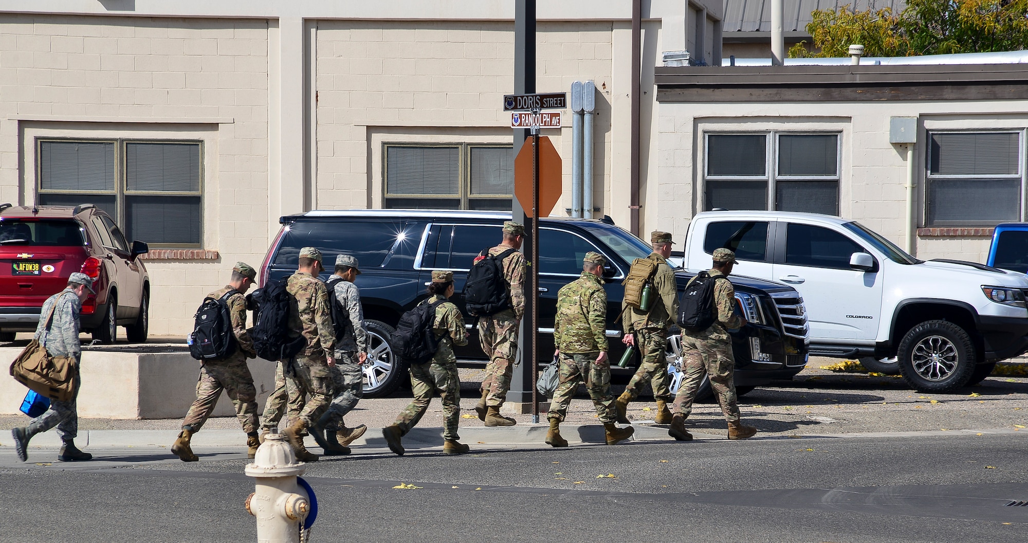 Members of Team Kirtland make their way to the mass deployment facility during exercise Global Thunder 20 at Kirtland Air Force Base, N.M., Oct. 24, 2019. Global Thunder is an annual U.S. Strategic Command exercise designed to provide training opportunities to test and validate nuclear command, control and operational procedures. (U.S. Air Force photo by Staff Sgt. Kimberly Nagle)