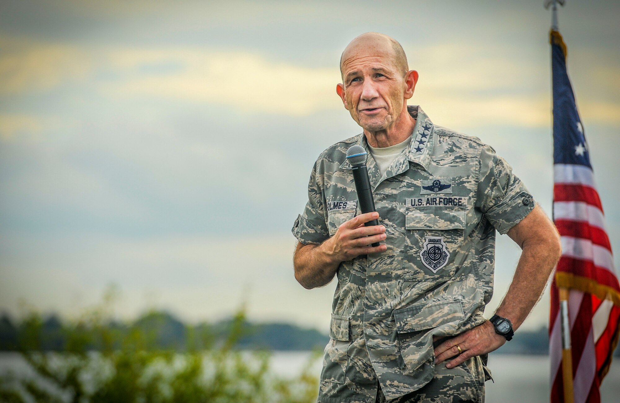 General Mike Holmes, commander of Air Combat Command, speaks during an ACC quarterly award ceremony at Memorial Park on Joint Base Langley-Eustis, Virginia, Oct. 25, 2019. The ceremony took place after a resiliency walk, which gave senior leaders an opportunity to build rapport with their Airmen. (U.S. Air Force photo by Tech. Sgt. Nick Wilson)